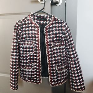 Zara Blue Red Woven Tweed Blazer XS